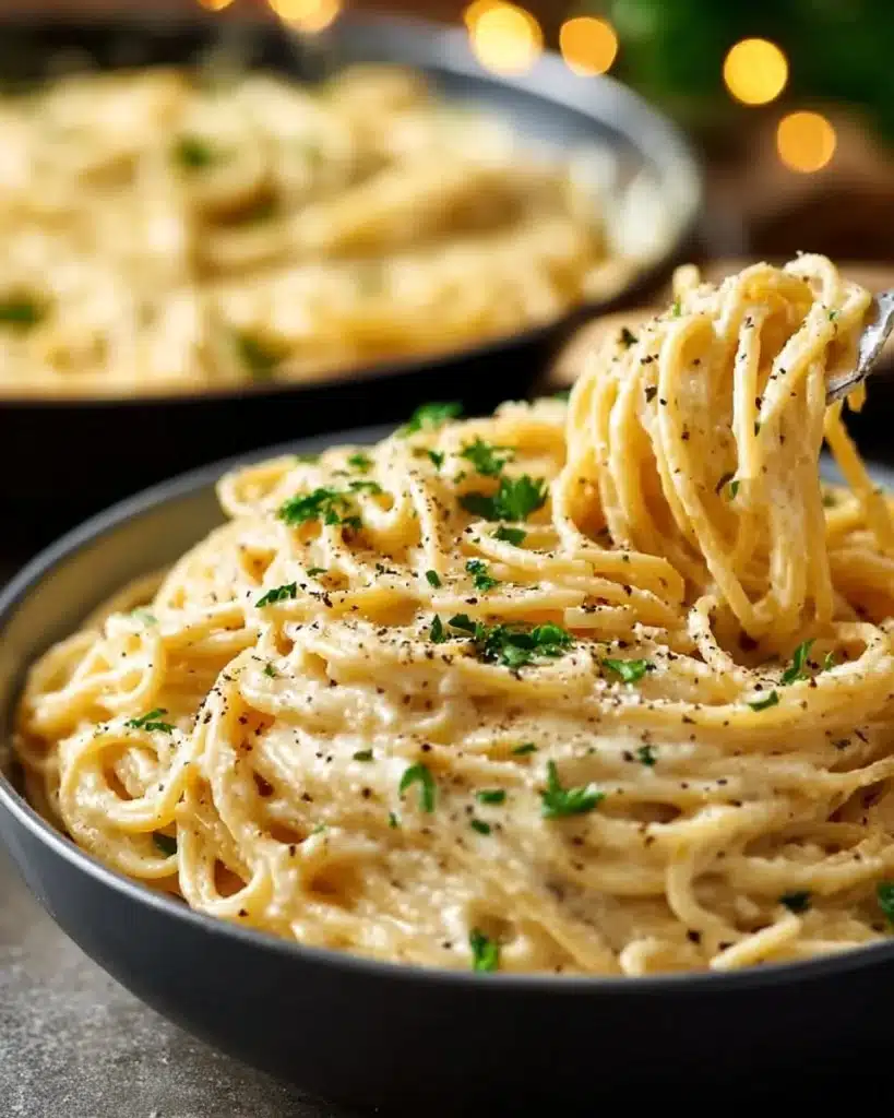 Delicious garlic parmesan spaghetti with cream cheese topped with parsley