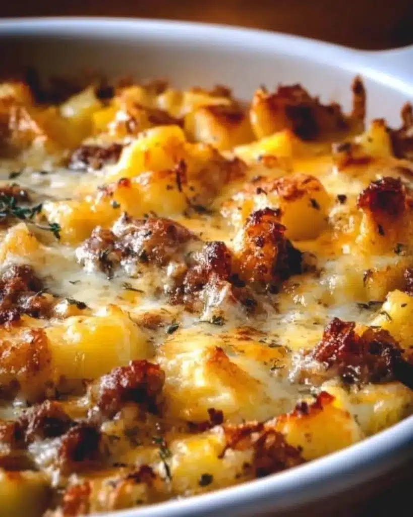 Cheesy potato breakfast casserole served in a dish