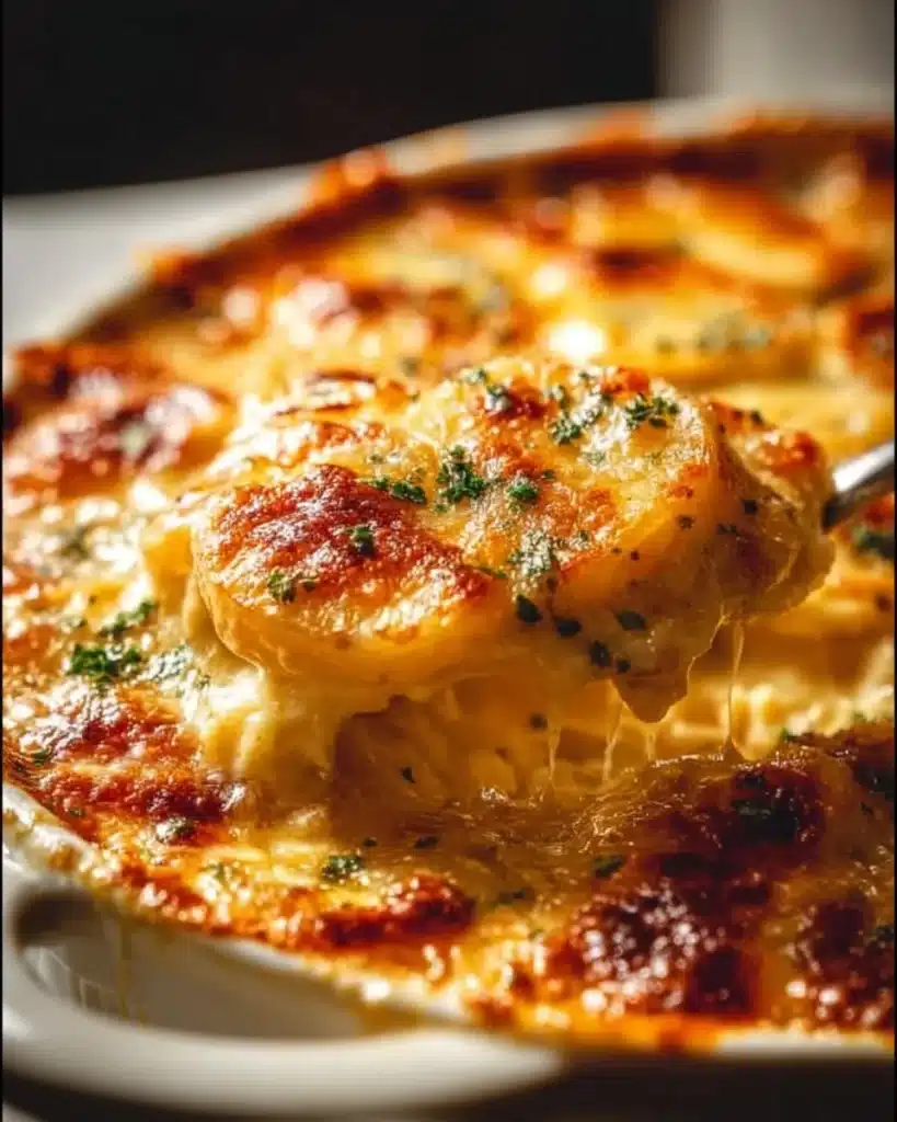 Cheesy scalloped potatoes baked to perfection with a creamy cheese sauce