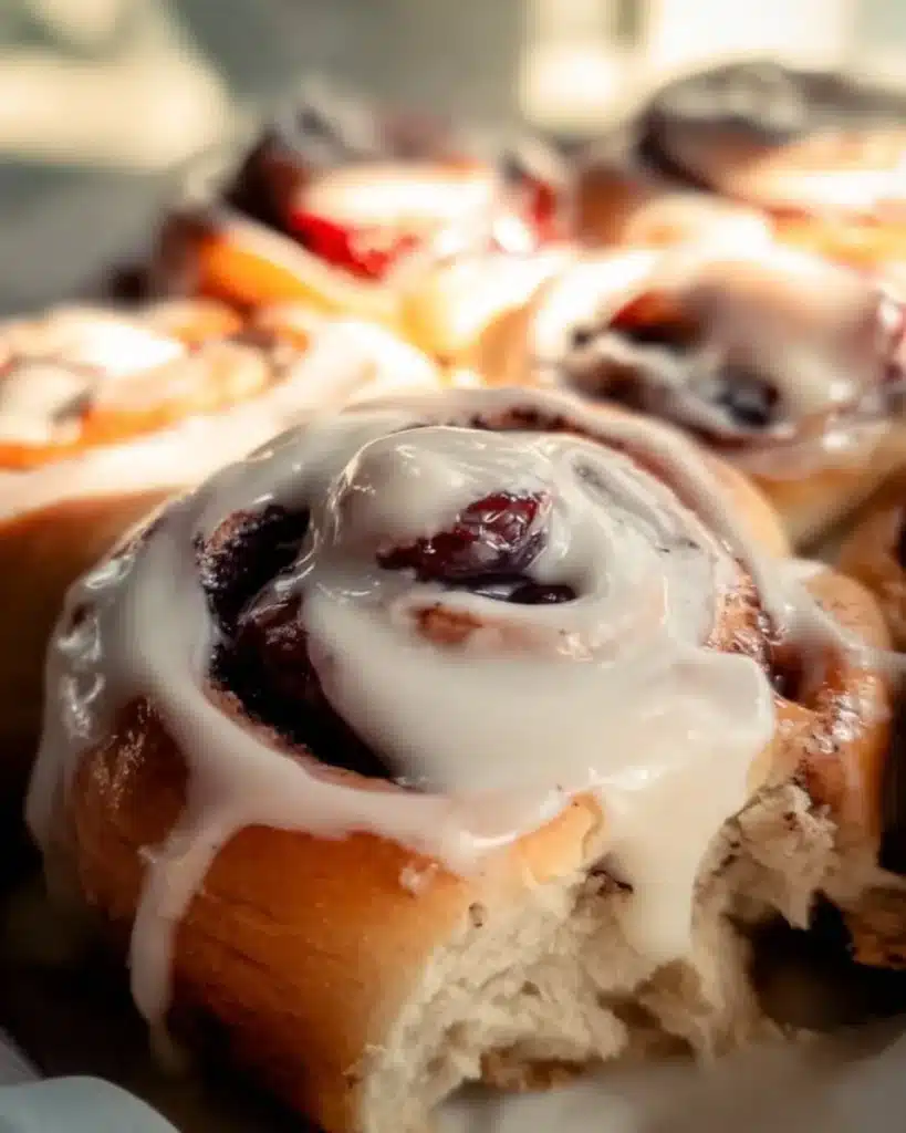 Delicious cherry cinnamon rolls with homemade filling on a plate