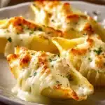 Delicious Chicken Alfredo Stuffed Shells topped with creamy sauce and cheese.