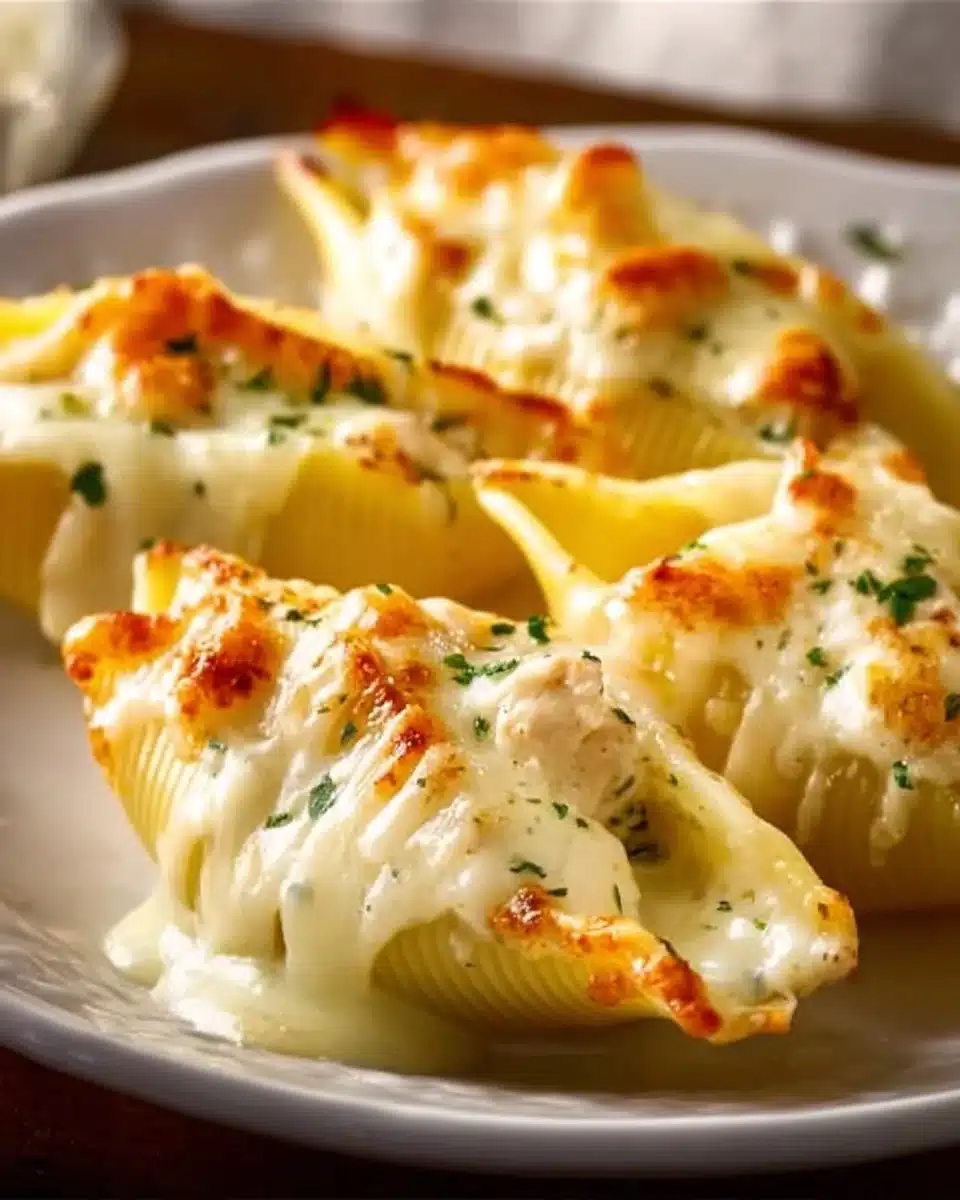 Delicious Chicken Alfredo Stuffed Shells topped with creamy sauce and cheese.