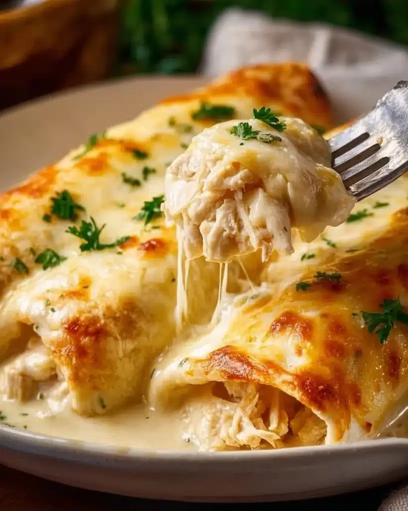 Chicken enchiladas with sour cream white sauce served on a plate