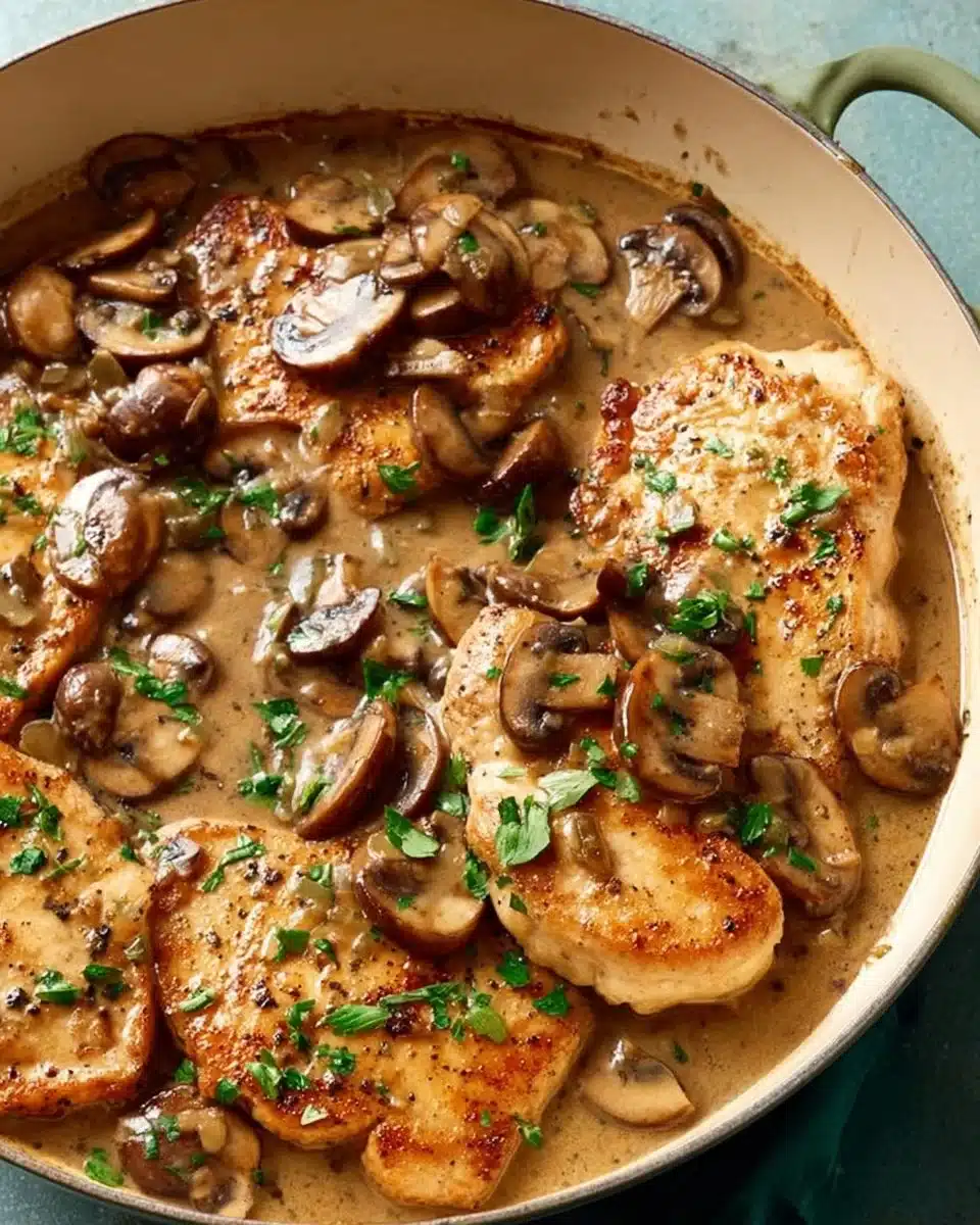 Plate of Chicken Marsala with mushrooms and herbs
