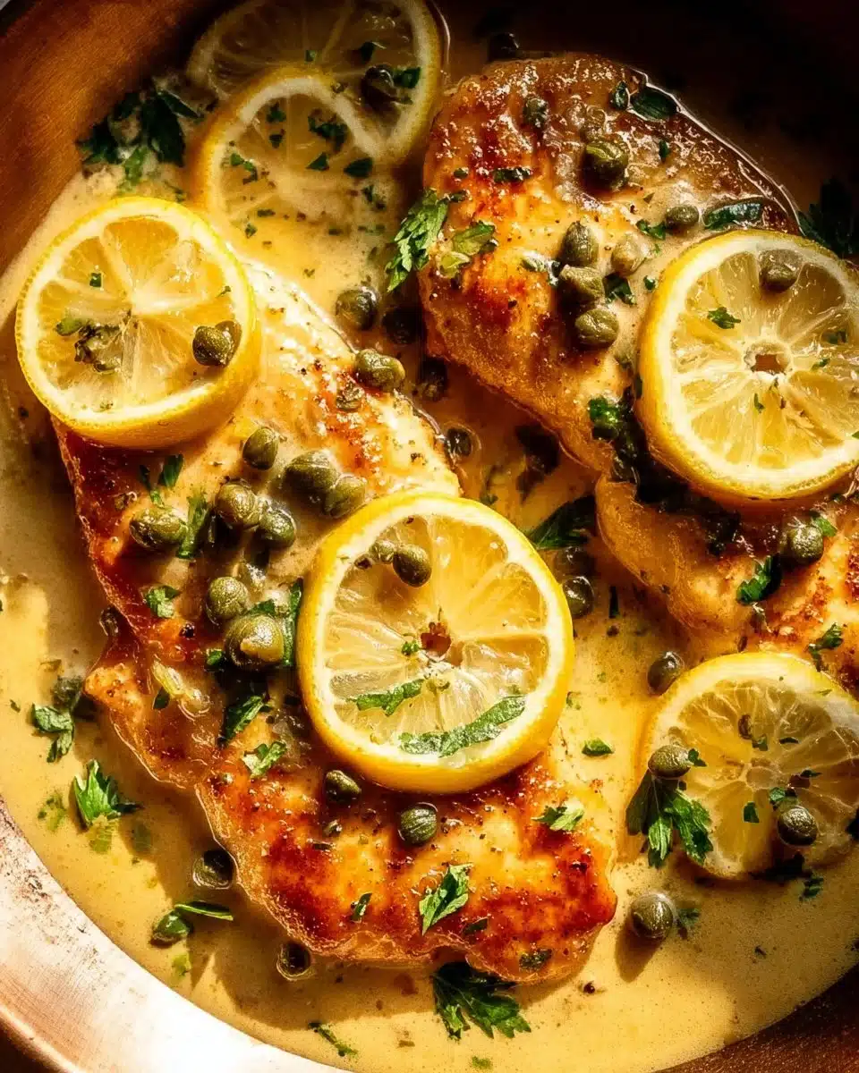 Delicious Chicken Piccata served with lemon and capers on a plate