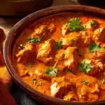 Delicious Chicken Tikka Masala served with rice and naan bread