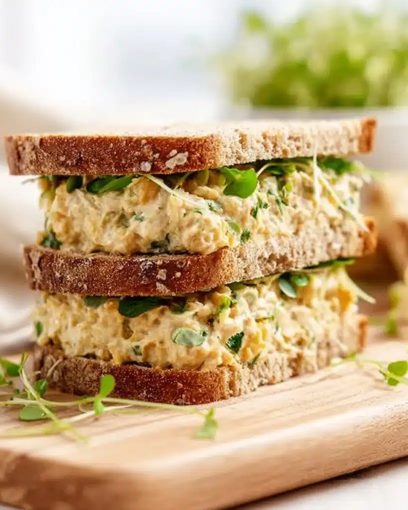 Chickpea salad sandwich with fresh vegetables and herbs on whole grain bread.