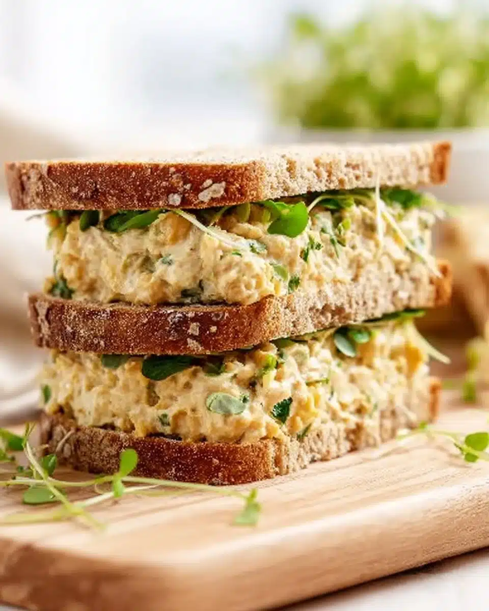 Chickpea salad sandwich with fresh vegetables and herbs on whole grain bread.