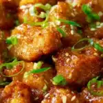 Plate of Chinese Honey Garlic Chicken garnished with herbs