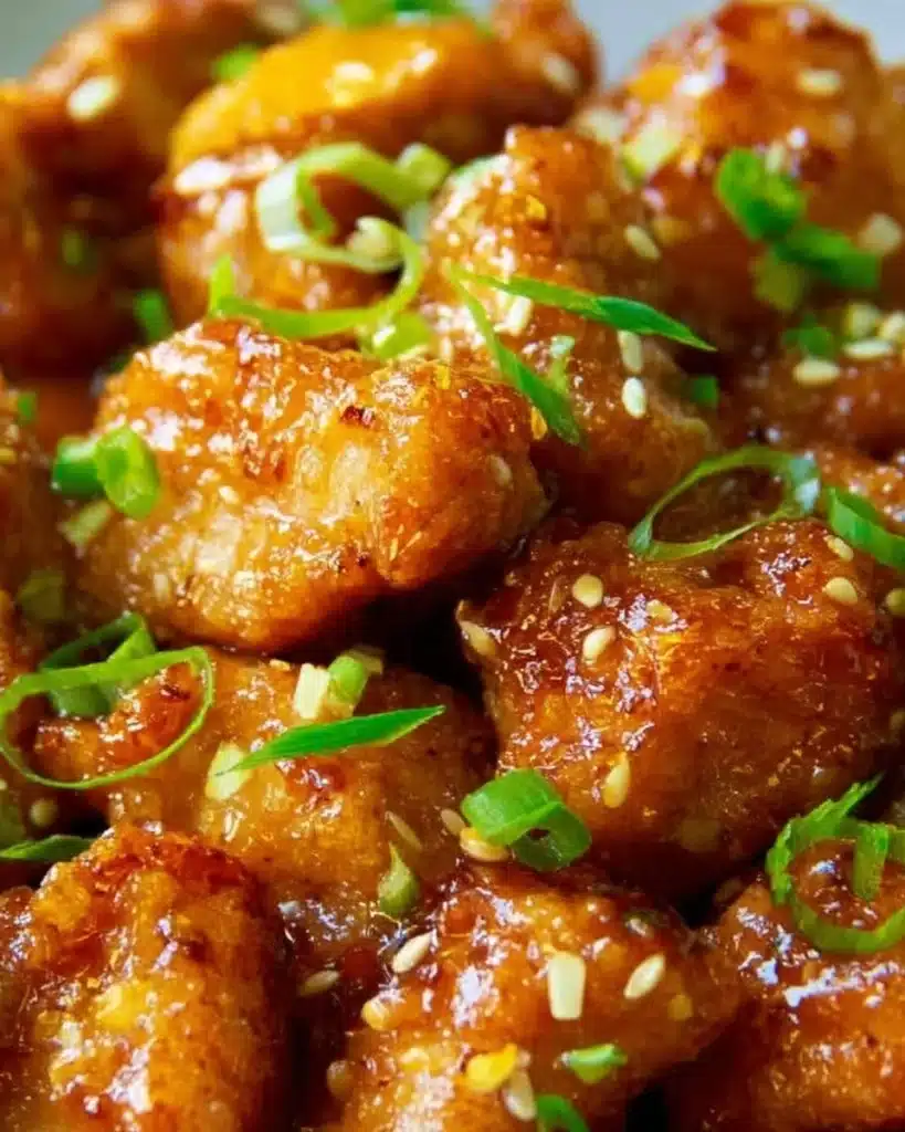 Plate of Chinese Honey Garlic Chicken garnished with herbs