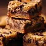 Delicious chocolate chip cookie butter bars on a plate, perfect for dessert lovers.