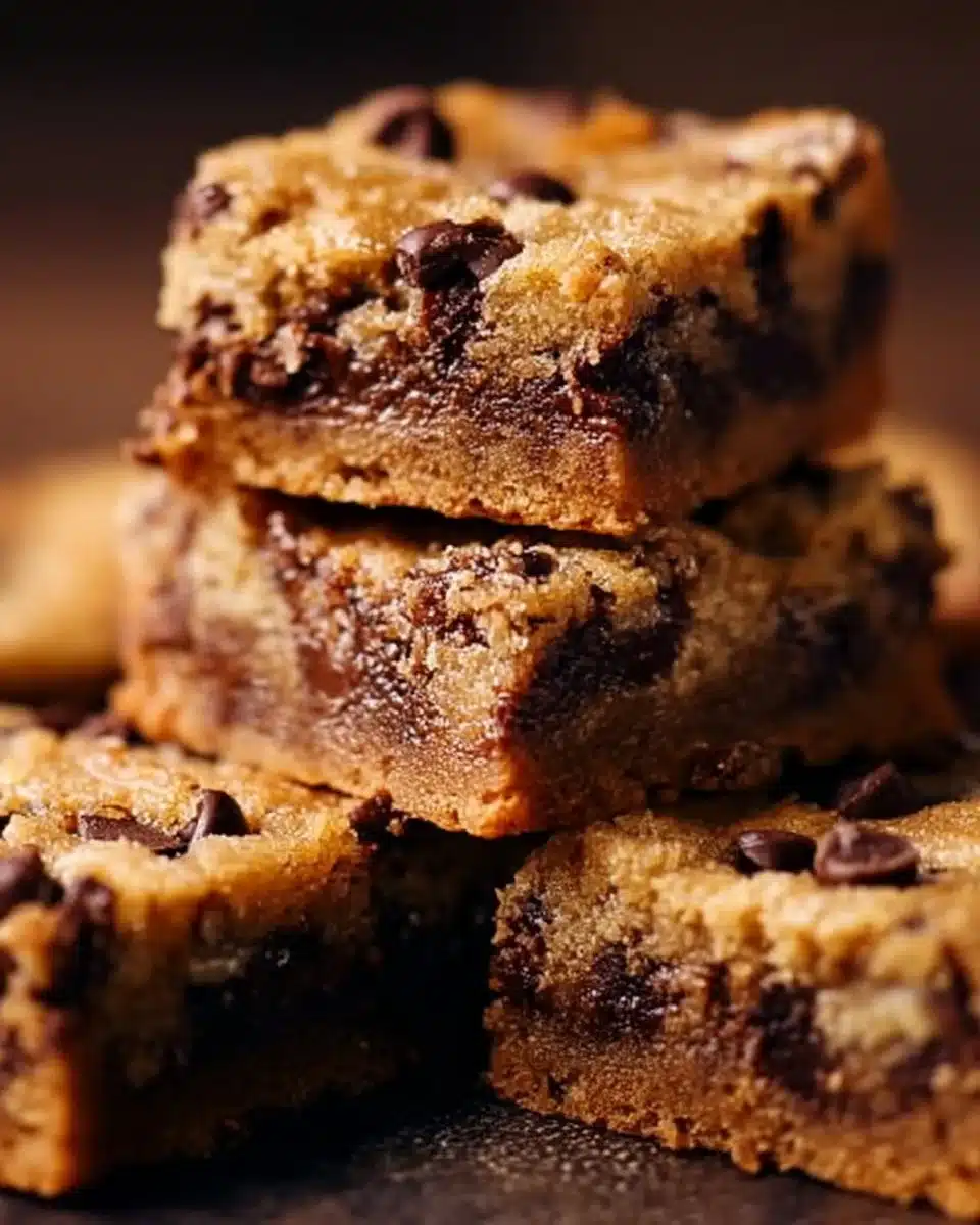 Delicious chocolate chip cookie butter bars on a plate, perfect for dessert lovers.