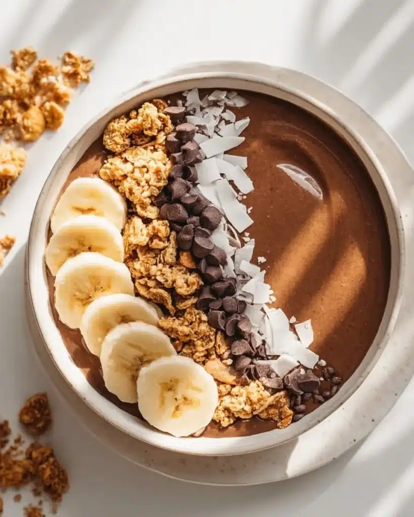 Delicious Chocolate Peanut Butter Smoothie Bowl topped with fresh fruits and nuts