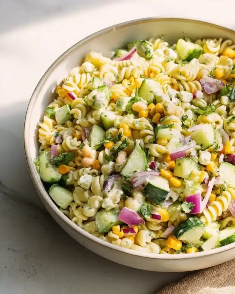Cilantro lime pasta salad with fresh herbs and vibrant colors