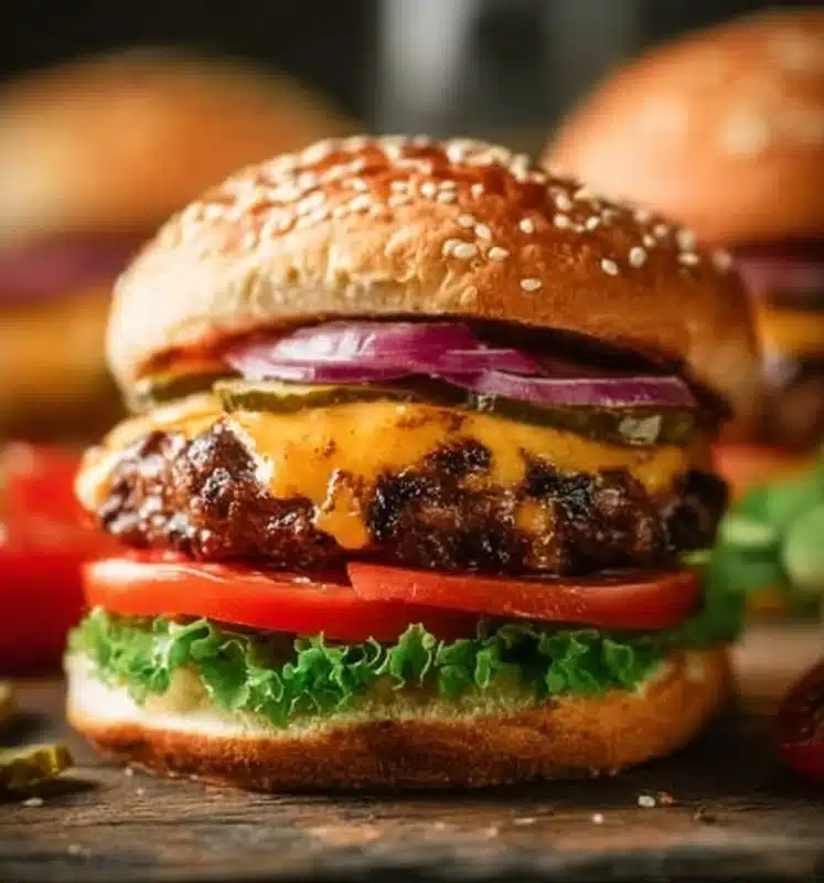A mouthwatering classic juicy hamburger with fresh toppings and a toasted bun