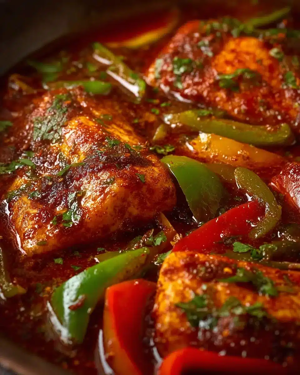 Plate of classic spicy Moroccan fish in rich sauce served with herbs and spices