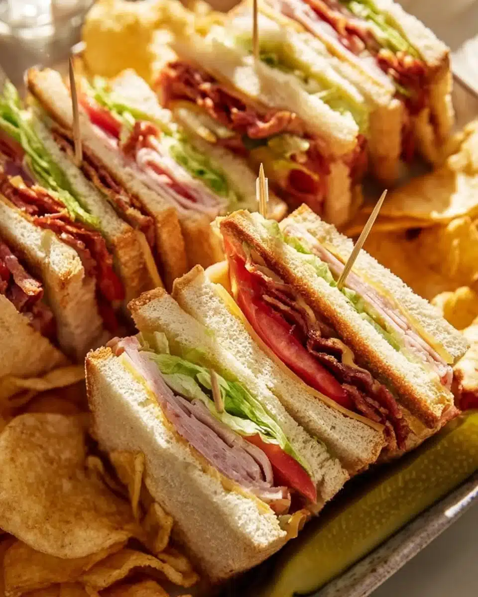 Delicious club sandwich with turkey, bacon, and fresh vegetables stacked high.