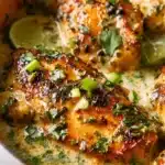 Delicious Coconut Lime Chicken served with fresh herbs and lime slices