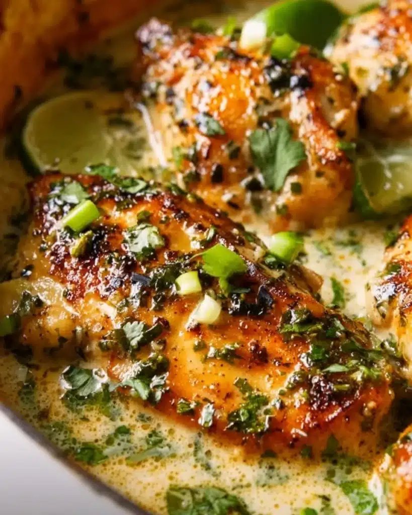 Delicious Coconut Lime Chicken served with fresh herbs and lime slices