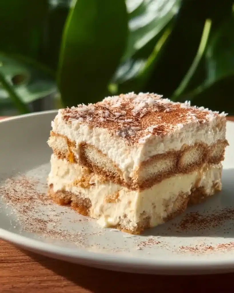 Delicious Coconut Rum Tiramisu dessert with layers of creamy coconut and rum flavors