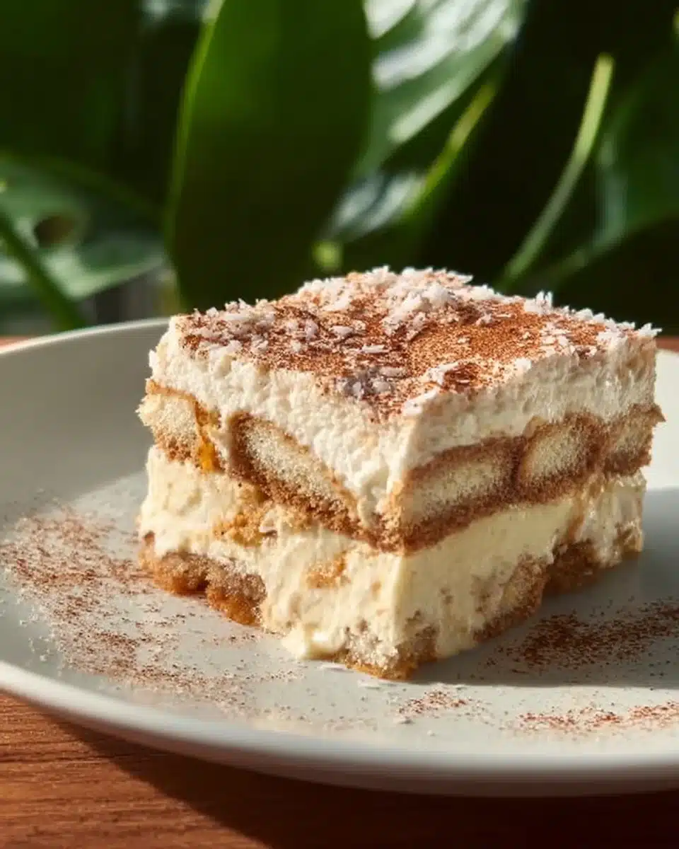 Delicious Coconut Rum Tiramisu dessert with layers of creamy coconut and rum flavors