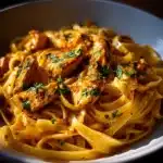 Plate of Cowboy Butter Chicken Linguine topped with herbs.