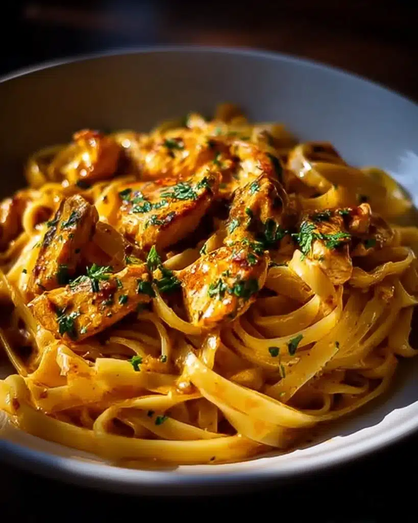 Plate of Cowboy Butter Chicken Linguine topped with herbs.