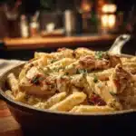Creamy Crack Chicken Penne pasta dish with chicken and herbs