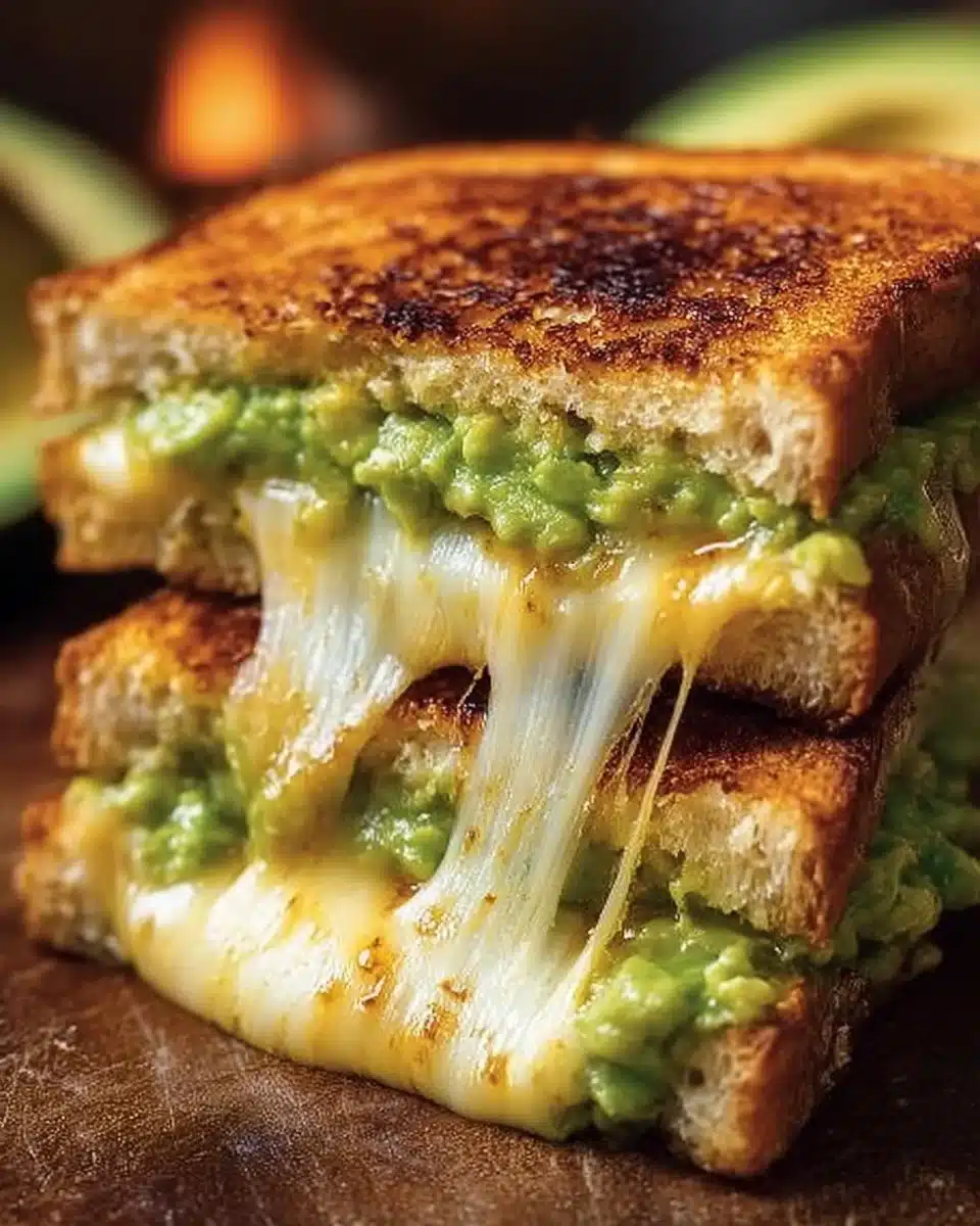 Delicious creamy avocado grilled cheese sandwich with melting cheese