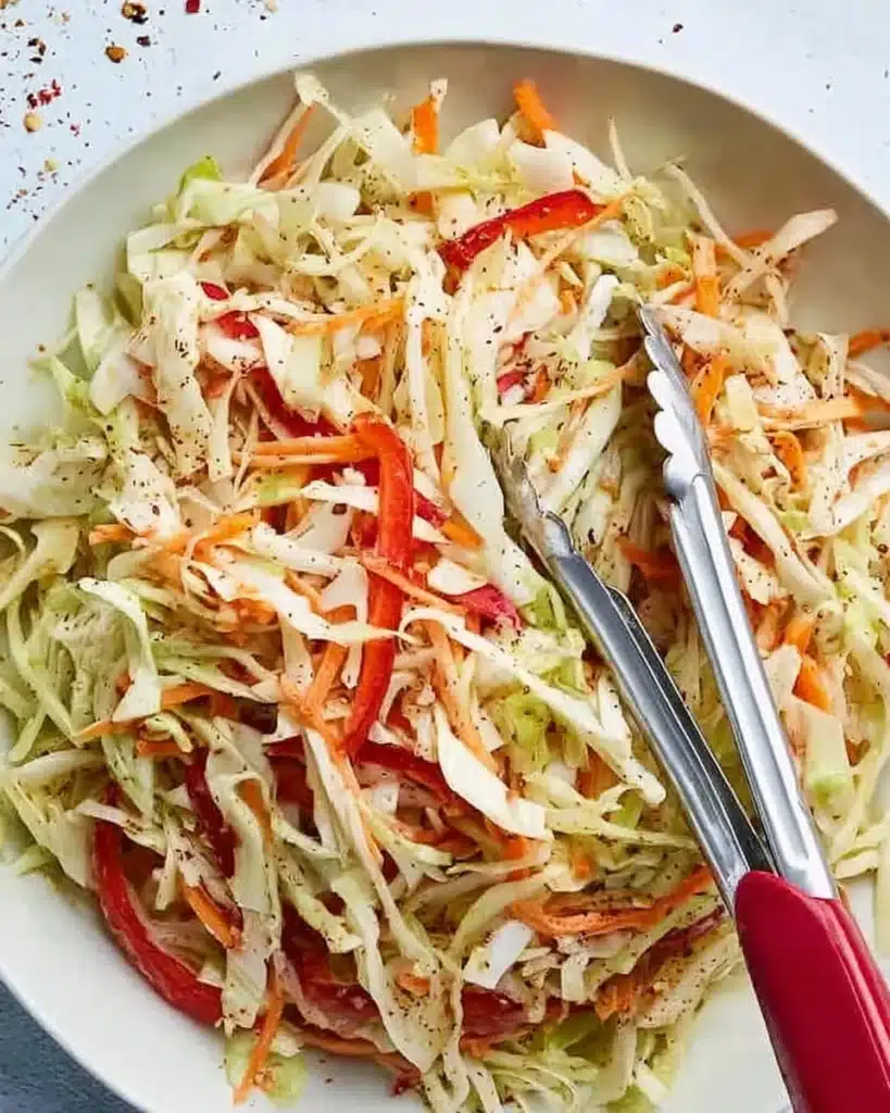 Bowl of creamy coleslaw with fresh vegetables and dressing