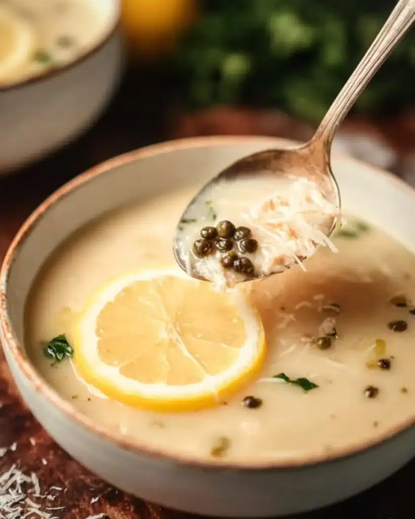 Bowl of creamy lemon chicken orzo soup garnished with fresh herbs