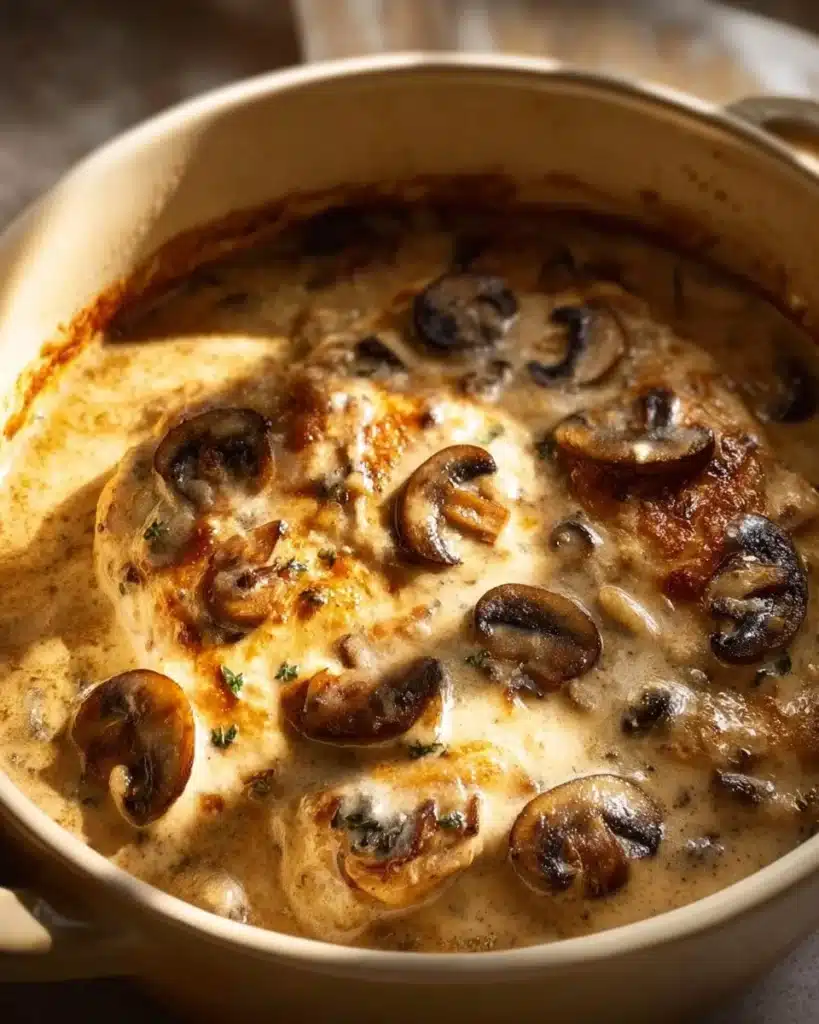 Creamy mushroom chicken dish garnished with fresh herbs