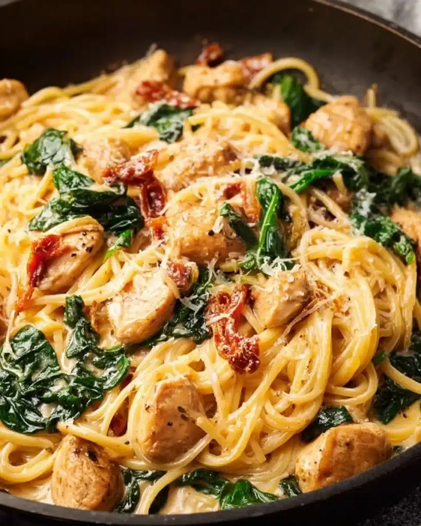 Creamy Tuscan Chicken Pasta garnished with spinach and sun-dried tomatoes