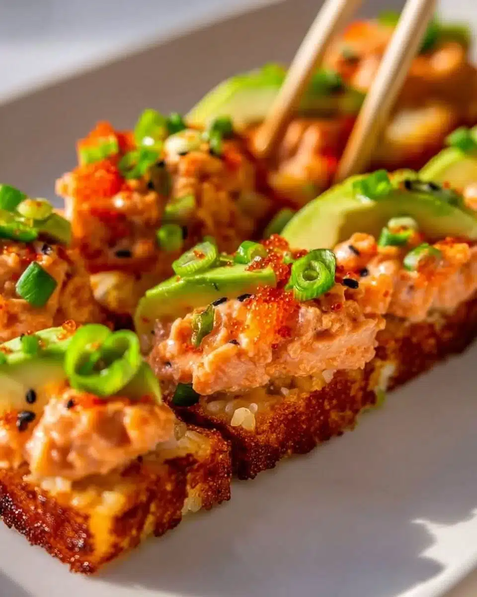 Delicious crispy rice salmon served on a white plate for a gourmet meal.