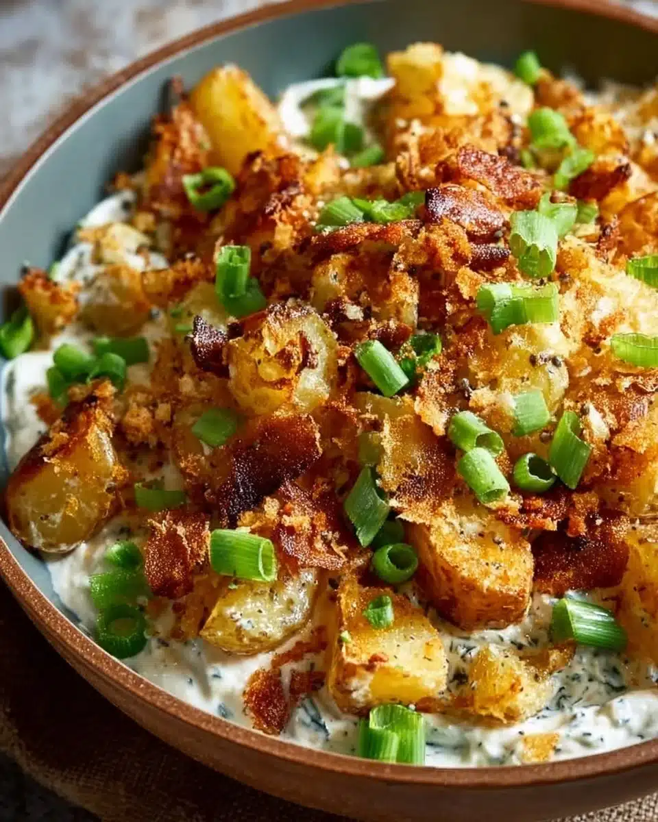 Crispy smashed potato salad served in a bowl with fresh herbs and toppings.
