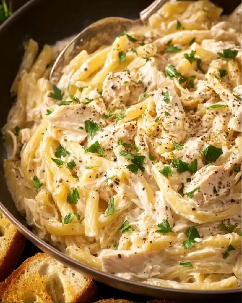 Crockpot Chicken Alfredo served in a bowl with fresh parsley garnish