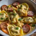 Crockpot Pierogi Casserole with Kielbasa served in a rustic dish