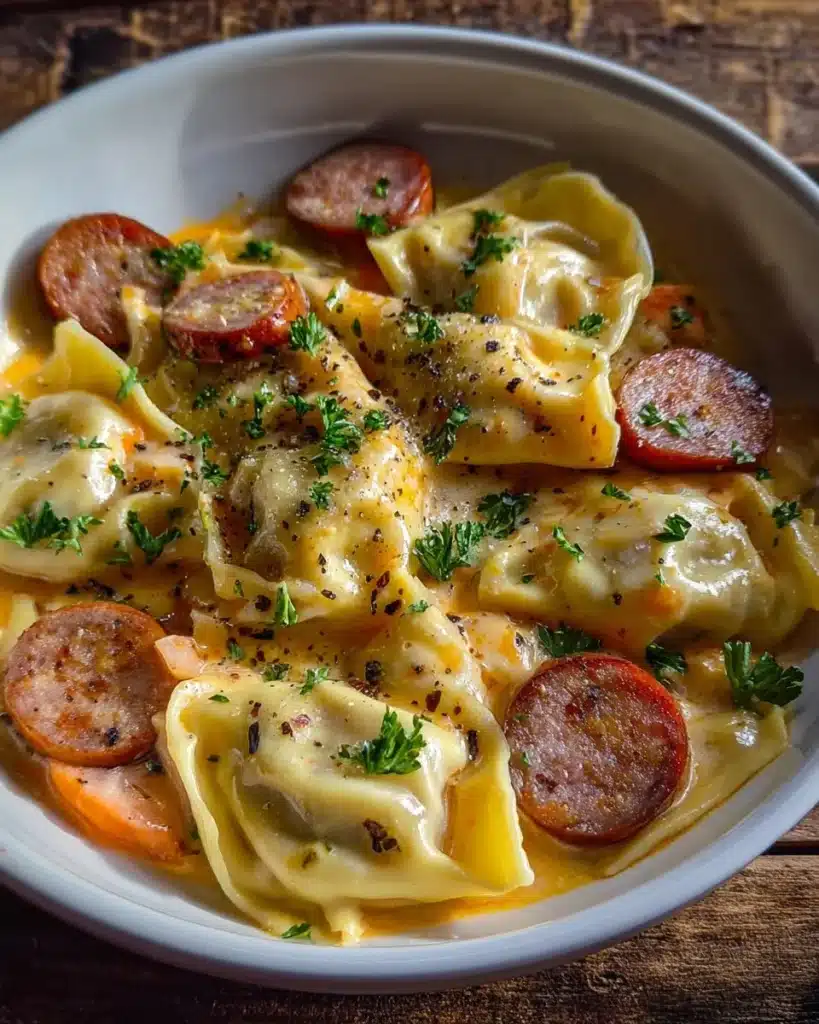 Crockpot Pierogi Casserole with Kielbasa served in a rustic dish