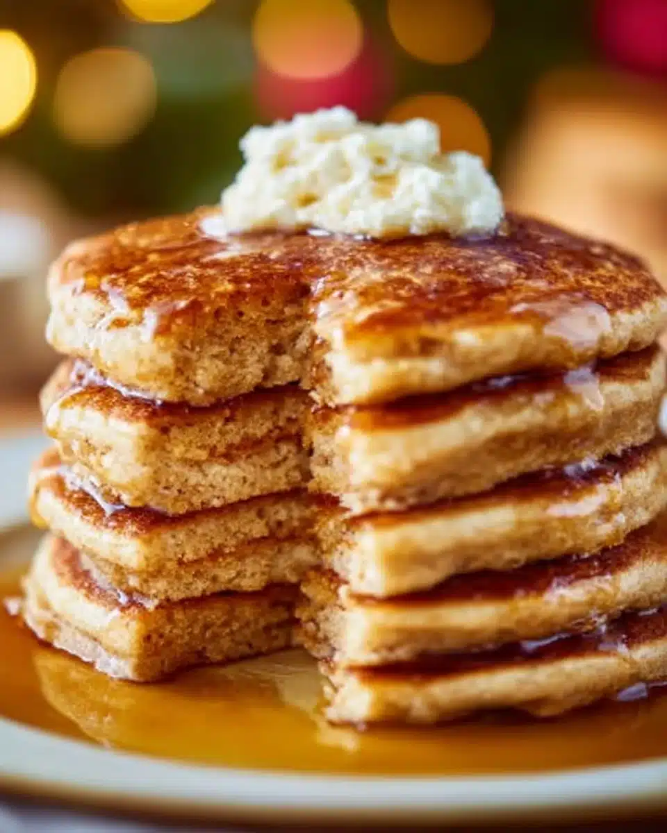 Delicious easy apple pancakes served with syrup and sliced apples