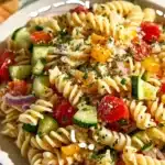 Colorful bowl of easy pasta salad with fresh vegetables and dressing.