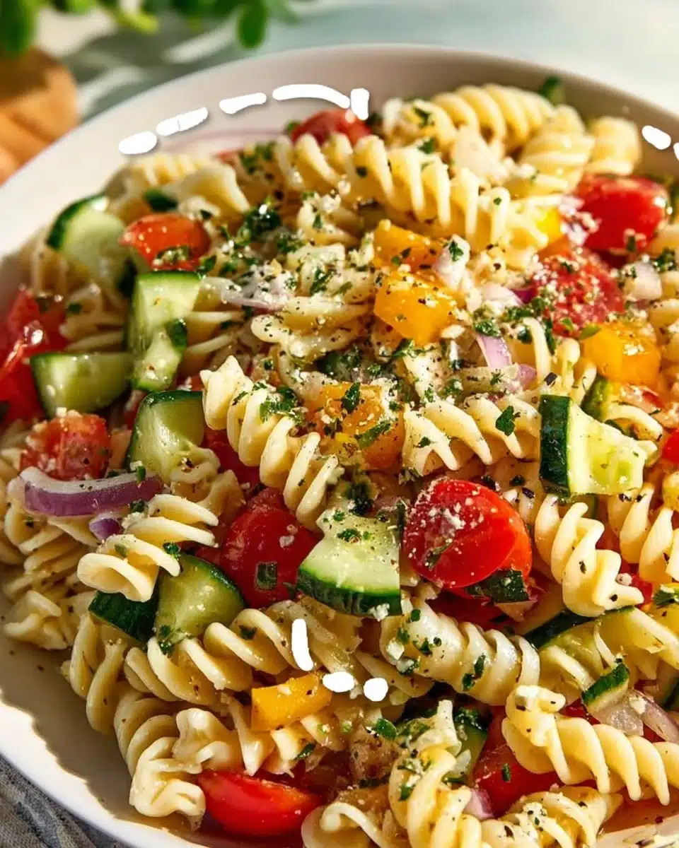 Colorful bowl of easy pasta salad with fresh vegetables and dressing.