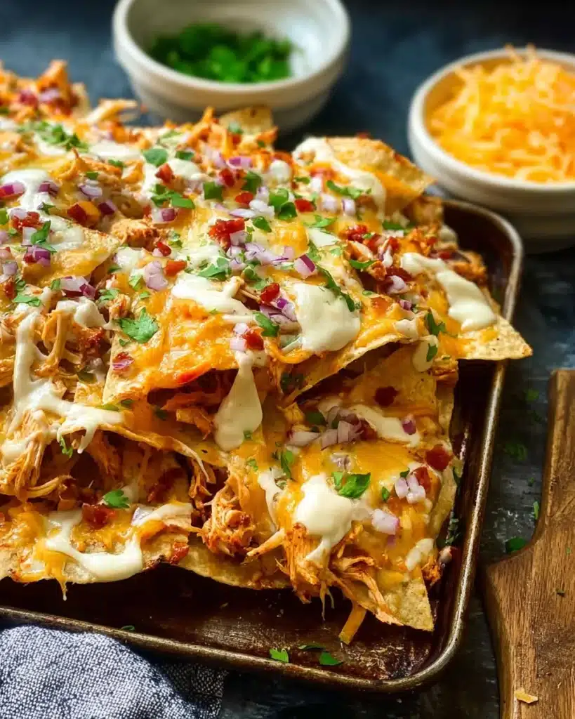 Delicious sheet pan BBQ chicken nachos topped with cheese and jalapeños