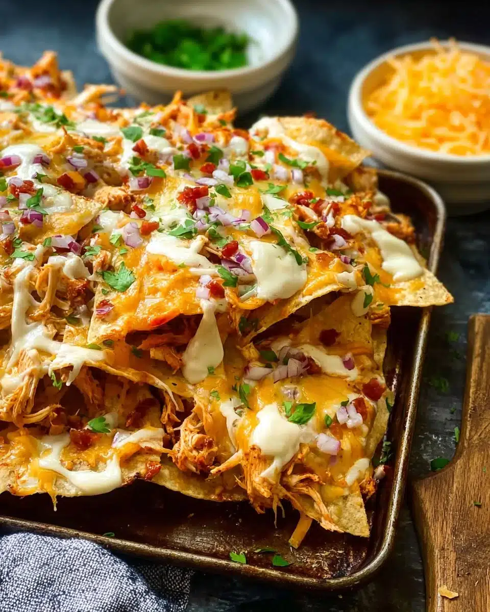 Delicious sheet pan BBQ chicken nachos topped with cheese and jalapeños