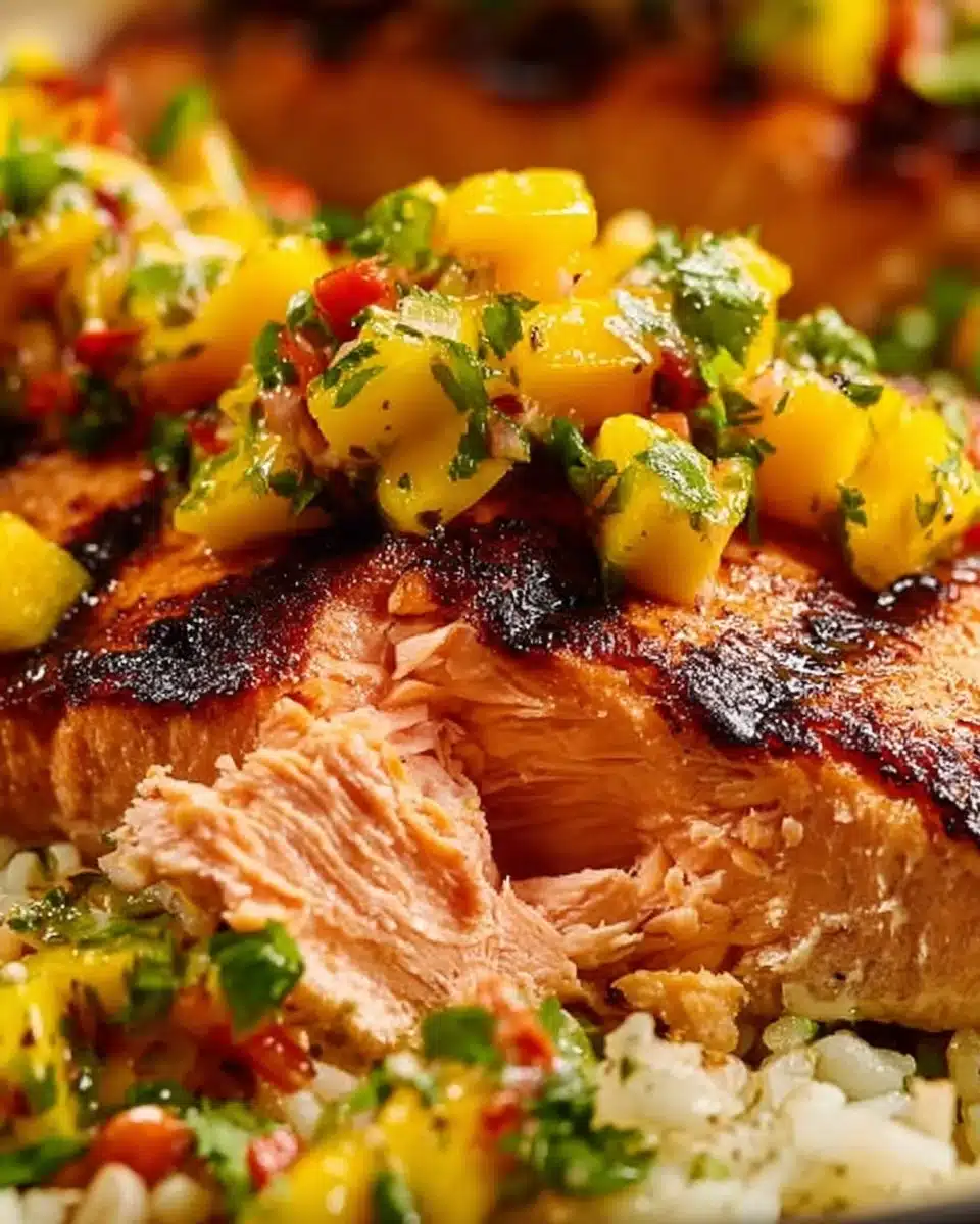 Fresh salmon fillet topped with colorful mango salsa on a plate.