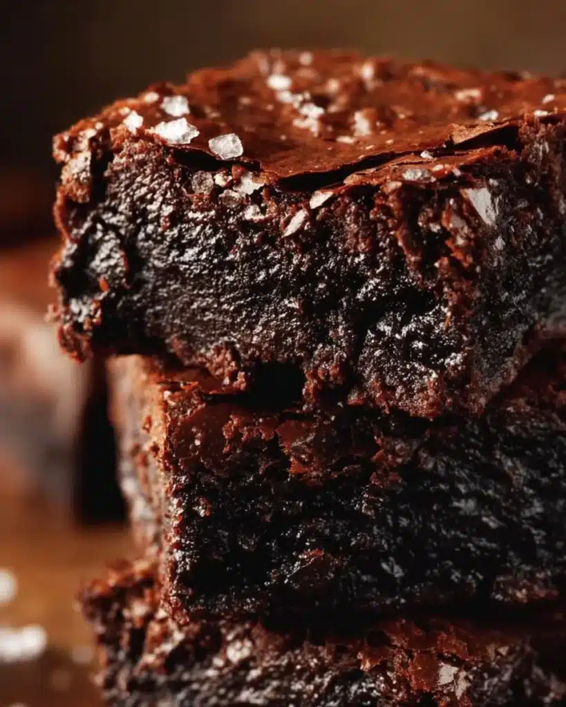Rich fudgy brown butter brownies topped with a sprinkle of sea salt.