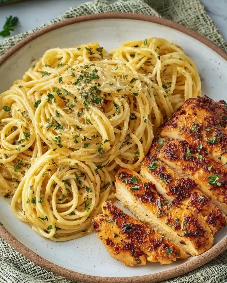 Delicious Garlic Butter Chicken Pasta served in a bowl with herbs.