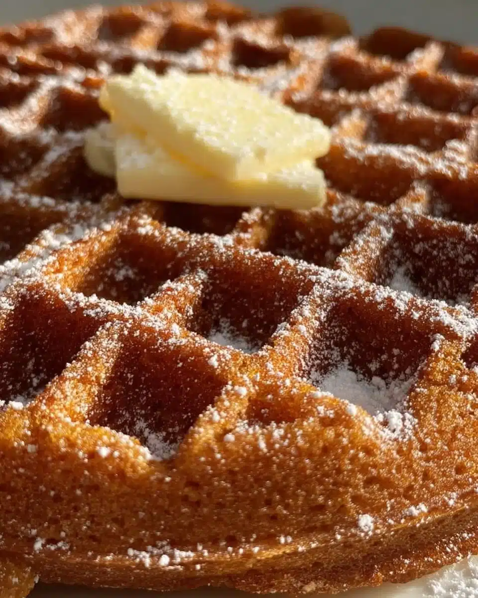 Delicious gingerbread waffles topped with whipped cream and syrup