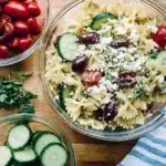 Delicious Greek Pasta Salad with olives, feta, and colorful vegetables.