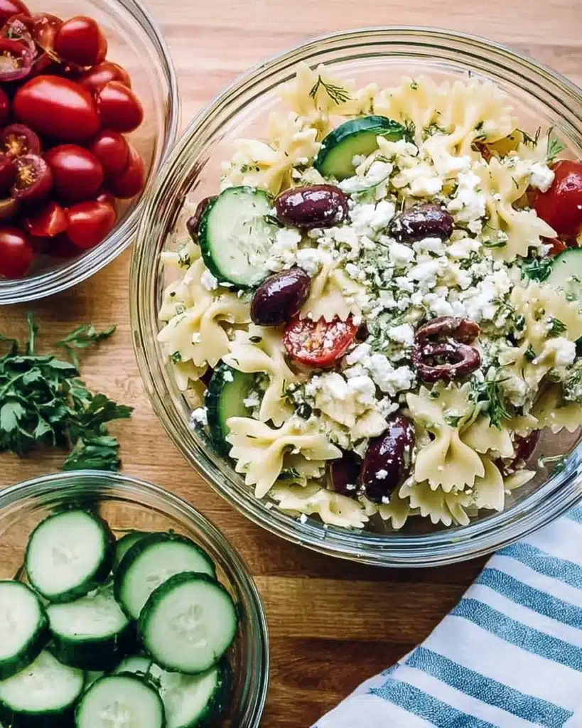 Delicious Greek Pasta Salad with olives, feta, and colorful vegetables.