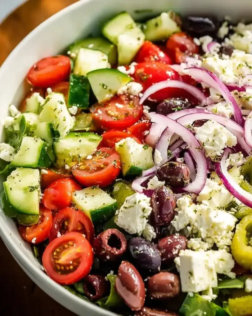 A vibrant Greek Salad with cucumbers, tomatoes, red onions, olives, and feta cheese.